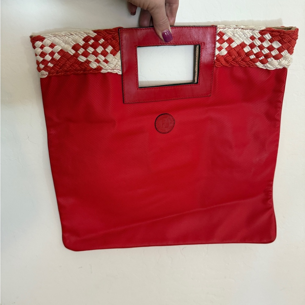 Fendi Red and Cream Woven Vintage Tote